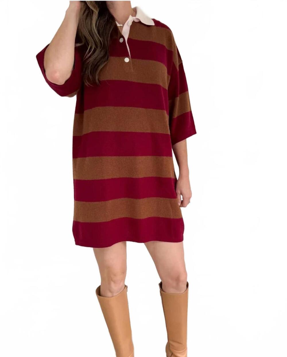 NEW SELF CONTRAST women's cashmere polo dress in wine
